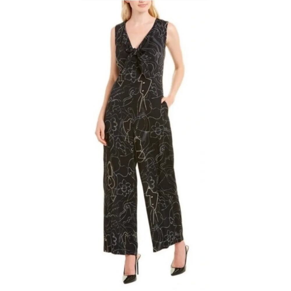 LAFAYETTE 148 NEW YORK Adelphi V-Neck Jumpsuit L Black Pockets Flowy Wide Leg